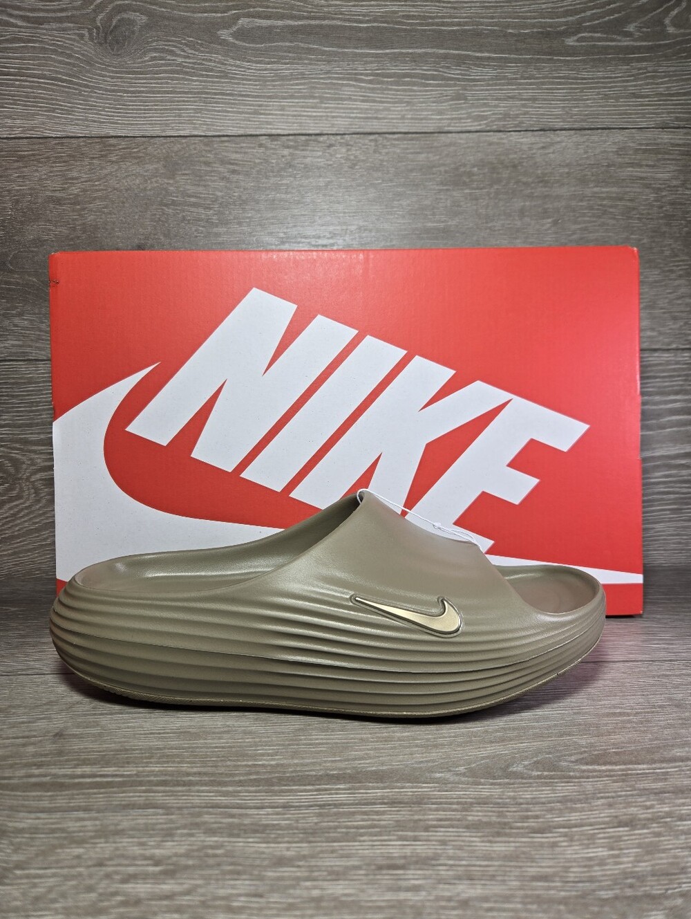 Nike Slides ReactX Rejuven8 Mens Size 11 / Womens 12 Khaki Brown HV4479-200 NIB